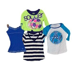 Justice Girls Size 8 Top Bundle x4 Soccer, Lace, Stripes, Sparkle Graphic Tees
